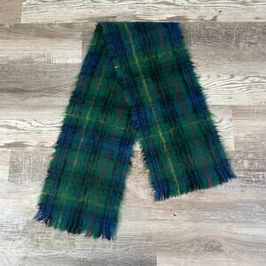 Creagaran Green Tartan Mohair Wool Fringe Scarf Made in Scotland Vintage Cozy